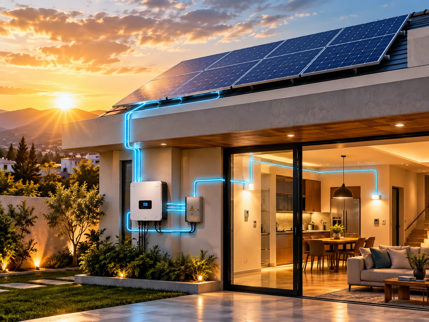 Vivienda contemporánea con paneles solares aprovechando la luz del sol